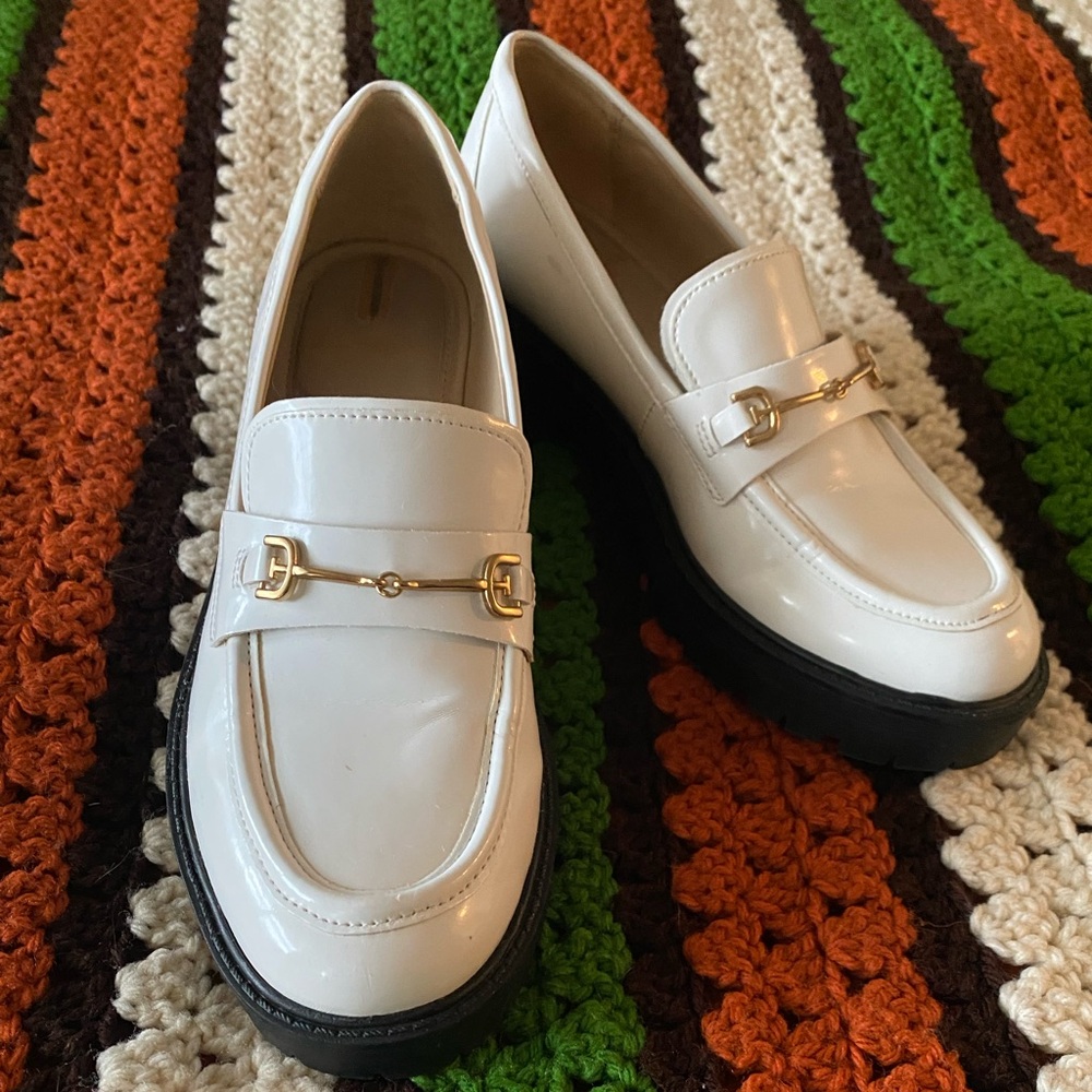 Sam Edelman white loafers with gold hardware